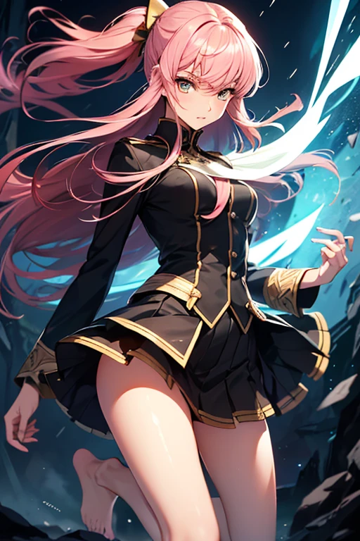 8k wallpaper,Very detailed,((High chroma)),((Highest quality)) ,((Ultra-high resolution)),Browsing Caution,masterpiece,Clear margins,Very beautiful woman in her 20s,slender beautiful body,((1 person)),Very beautiful face,Very beautiful eyes,Very beautiful legs,Very beautiful arms,Very beautiful body,Draw the whole body,Long Hair,Pink Hair,Asymmetrical bangs with hair tucked behind one ear,Uses magic,decisive battle,battle,force,energy,(uniform,mini skirt,barefoot,Combat readiness,Arrows of light rain down