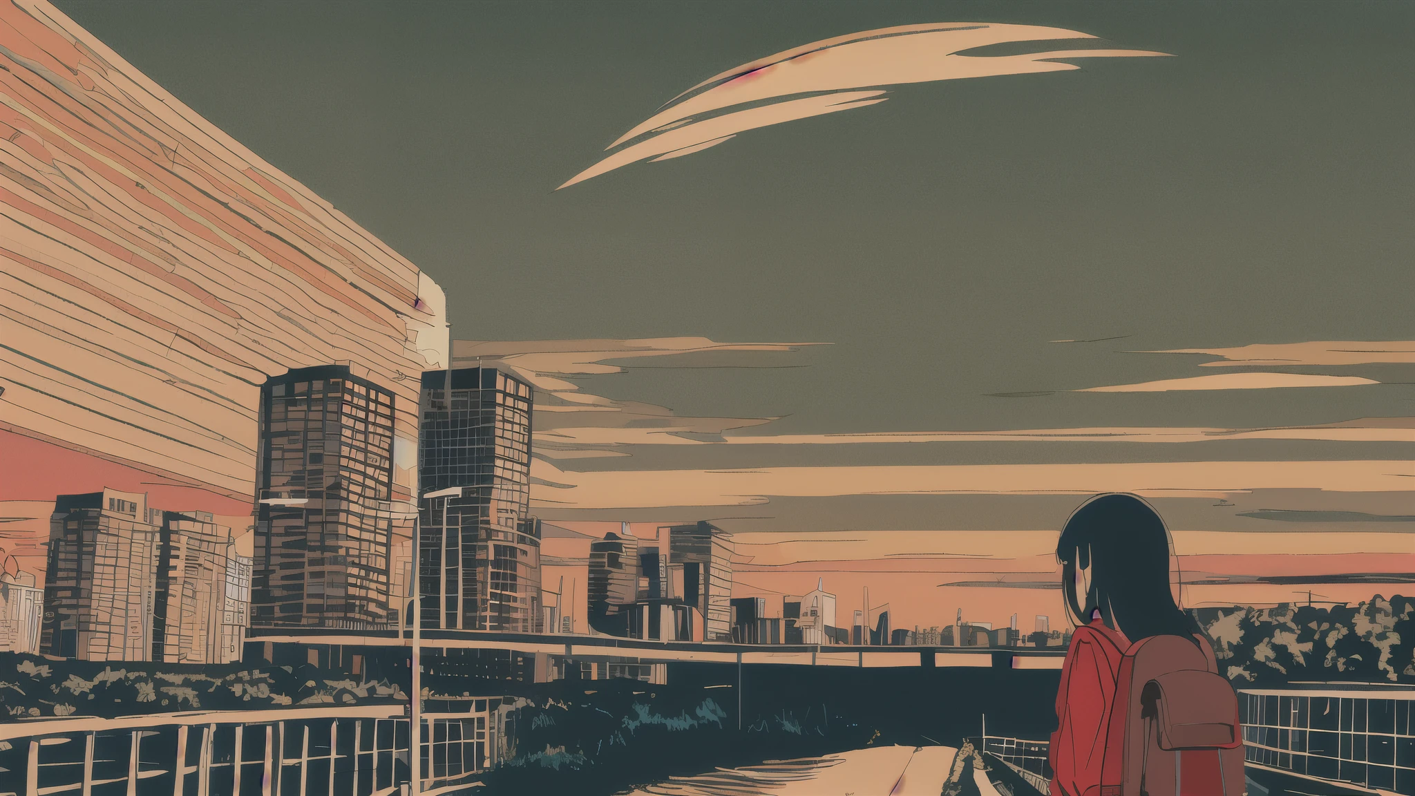 masterpiece, Highest quality, Flat Color, Limited edition palette, Low contrast, (Clear lines), One girl, long straight black hair, Hello, Backpack Looking Away, Are standing. cigarette, Night Sky, city, sunset, Skyscraper, bridge, road signs, Depth of written boundary, Border, black, red, orange, brown, autumn, mist