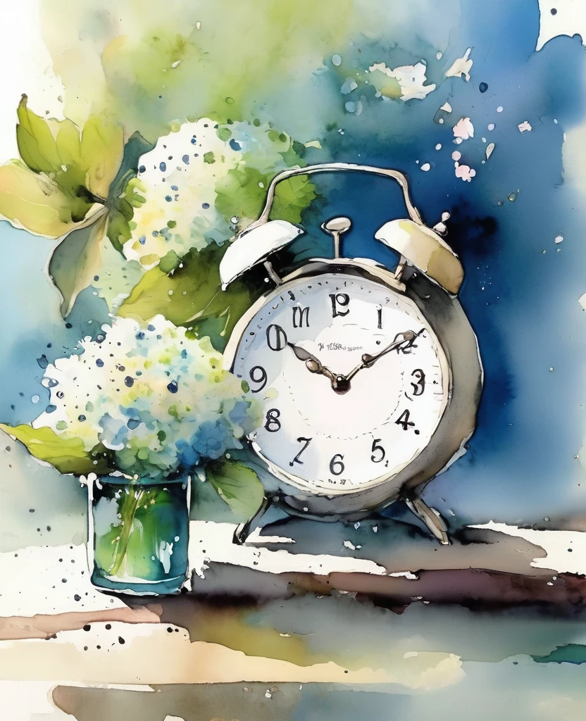 Quentin Blake style photo 、Hydrangea alarm clock、Overslept and Sprinted、Wind Dependent、High resolution、Highest quality、masterpiece、Very detailed