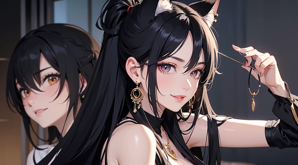 hair ornaments。Earrings。necklace, black hair, hair over shoulder, long hair, messy hair, very long hair, half updo, hair rings, tied hair, upturned eyes, cat ears, makeup, evil smile, naughty face, anime, from side, UHD, retina, masterpiece, accurate, anatomically correct, textured skin, super detail, high details, high quality, award winning, best quality, highres, 1080P