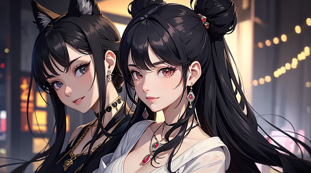 hair ornaments。Earrings。necklace, black hair, hair over shoulder, long hair, messy hair, very long hair, half updo, hair rings, tied hair, upturned eyes, cat ears, makeup, evil smile, naughty face, anime, from side, UHD, retina, masterpiece, accurate, anatomically correct, textured skin, super detail, high details, high quality, award winning, best quality, highres, 1080P