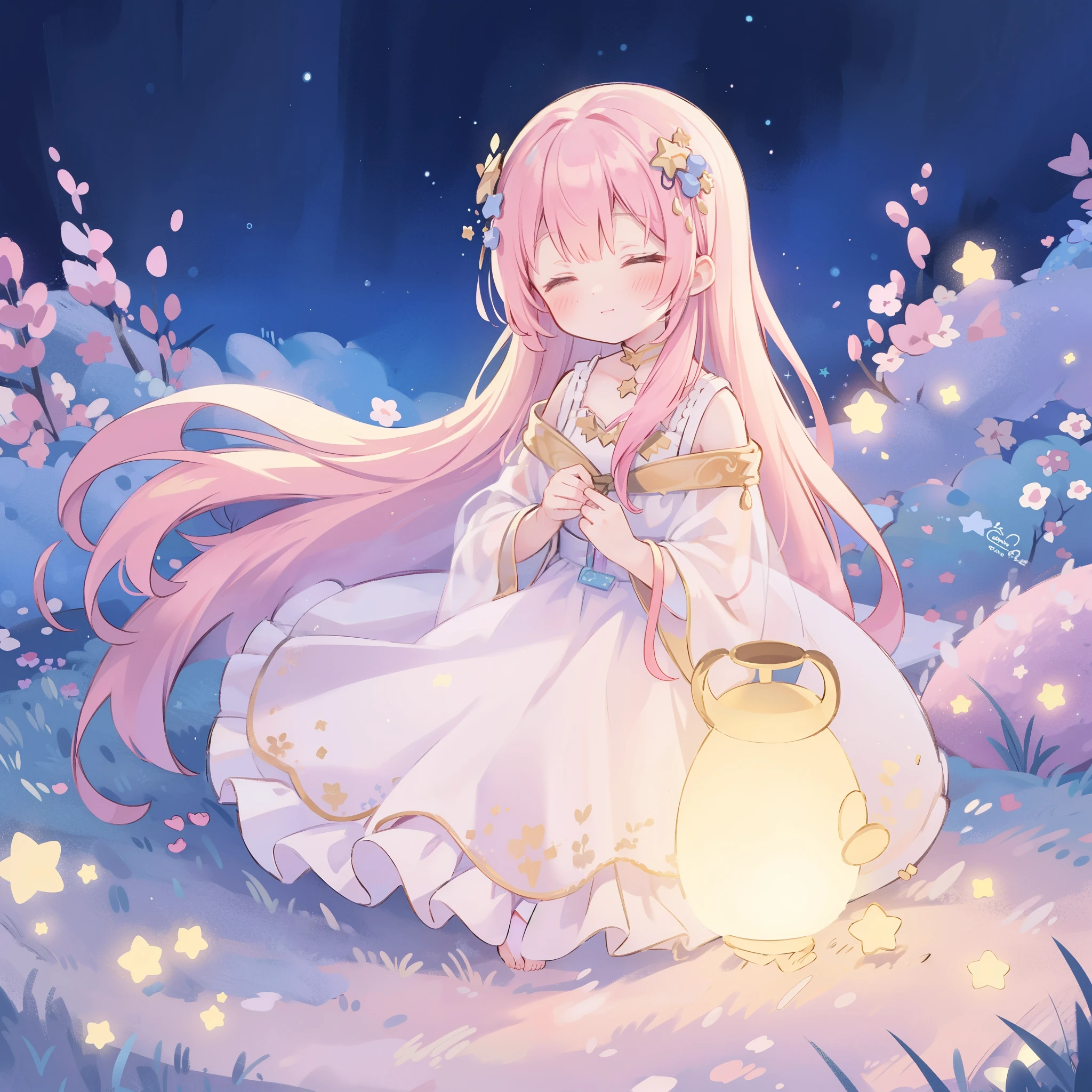 complex background, wishing star background, a woman wearing an ethereal mystical pink translucent dress that reflects the stars, dreamy, peaceful, serene composition, glowing stars, glowing, mystic, complex drawing, highly detailed, ethereal, starry night, midjourney style