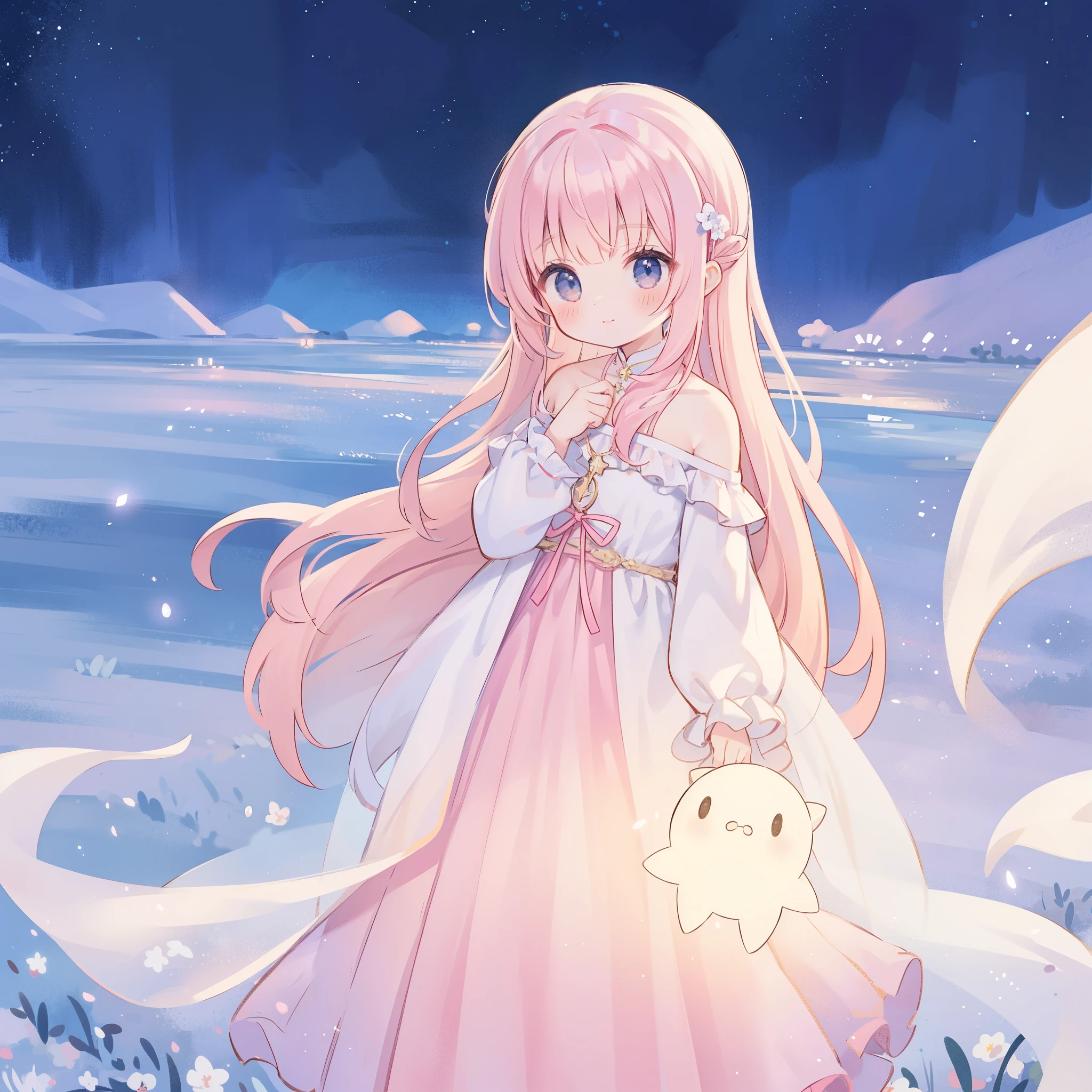 complex background, wishing star background, a woman wearing an ethereal mystical pink translucent dress that reflects the stars, dreamy, peaceful, serene composition, glowing stars, glowing, mystic, complex drawing, highly detailed, ethereal, starry night, midjourney style