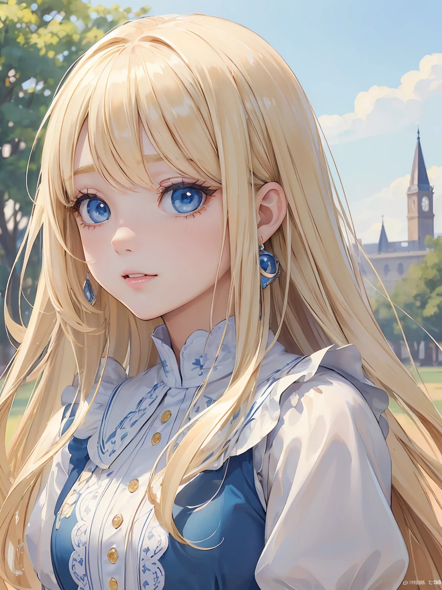 (masterpiece, Highest quality, In detail, High resolution, Perfect Eyes, Perfect Face:1.5), 1 girl, Long Hair, Curly Hair, (Quality clothing:1.5), (Detailed outdoor background:1.5), (eye shadow), (thick and long eyelashes:1.3) Fantasy, Maid、Alice in Wonderland、blue sky、(Bright and beautiful face:1.5)、like々White, radiant skin、(The ultimate beauty:1.5)、The most beautiful light blonde hair in the world、Thin Hair、Super long straight hair、beautiful shiny bangs、The Shining, clear, Big Blue Eyes、The most beautiful and adorable 7-year-old girl in the world、Laugh shyly