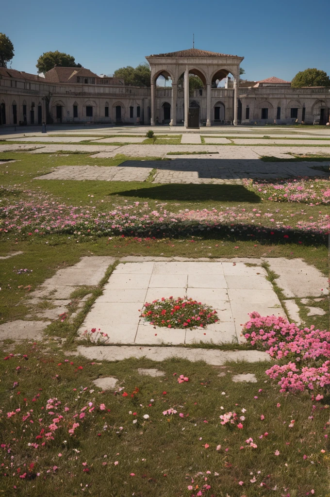 A square with withered flowers