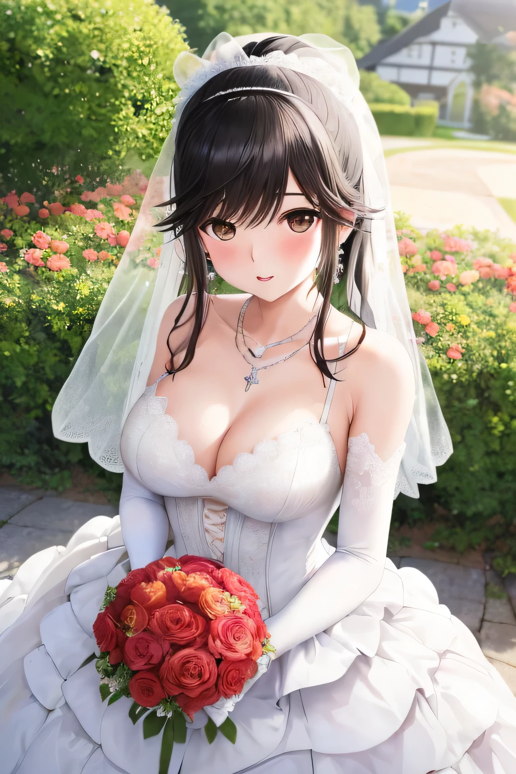 Highest quality, masterpiece, High resolution, 1 Girl, ,Black Hair，Ponytail Hair, Wedding dress , Red lips, Garden Background，shut up， Close-up of a beautiful bride in a wedding dress,Gerwitz，Blushing，Flower head，headgear，（Tube top wedding dress：1.5），（Silk dress：1.2）,（Strapless Wedding Dress：1.5）,Pure white dress，necklace，Earrings,(Big Breasts:1.3)，necklace，Deep V peach heart color Wedding dress，bangs，bouquet，lipstick，（White long elbow gloves：1.3），(Bridal Veil:1.2），（transparent short veil：1.2），Bust photo,High definition RAW color art,Tyndall phenomenon、Small breasts