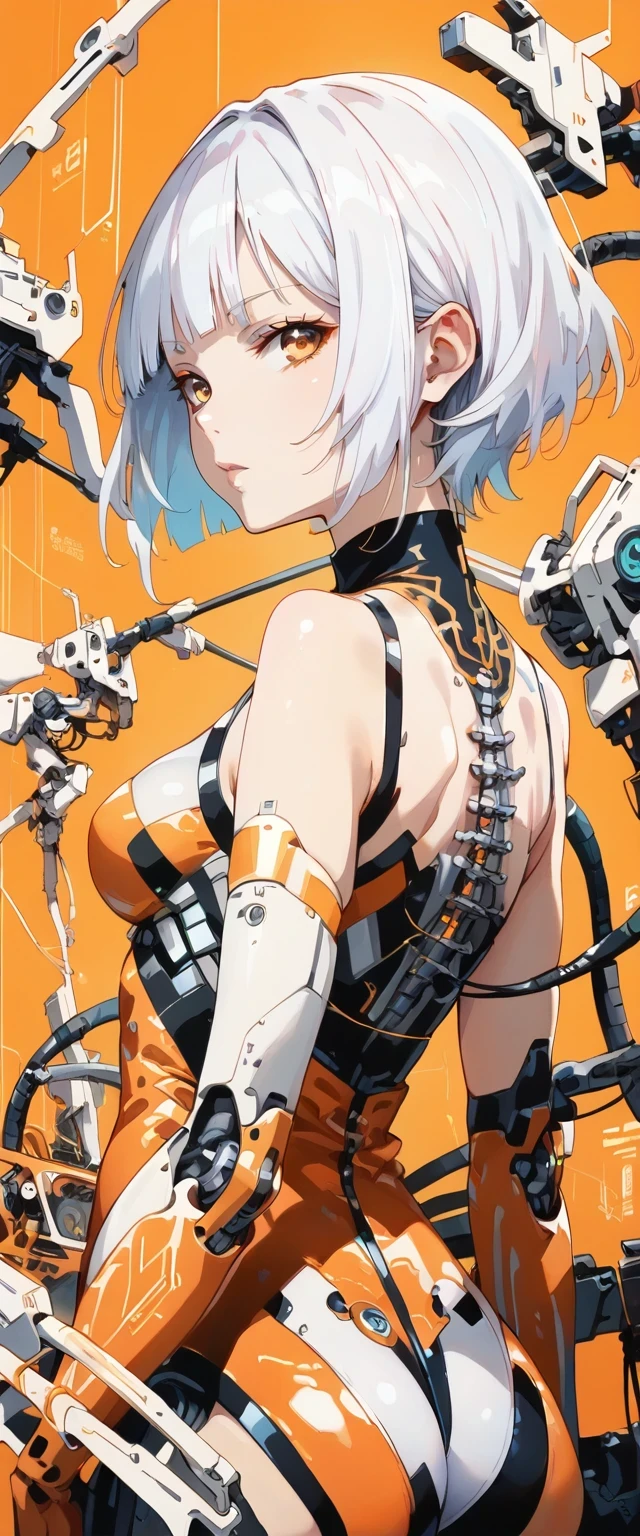 score_9, score_8_up, score_7_up, BREAK, 1girl, solo, breasts, looking at viewer, short hair, bangs, bare shoulders, medium breasts, upper body, white hair, looking back, blunt bangs, from behind, leotard, orange eyes, profile, back, science fiction, orange background, android, cable, cyborg, mechanical parts, spine