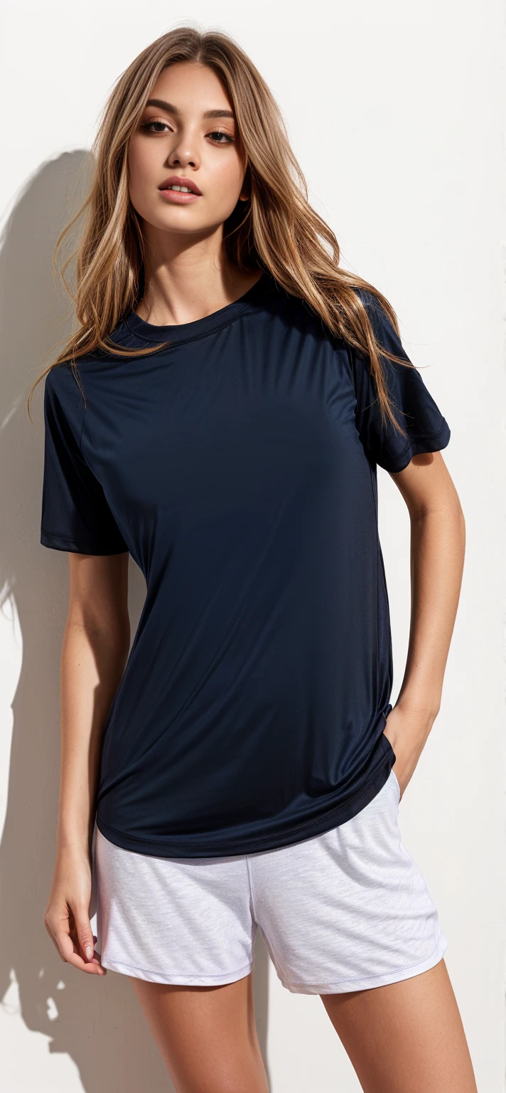 uma mulher de camisa preta e short branco posando para uma foto, camisa azul marinho, manga curta, camiseta preta, camisa azul escura, wearing a camiseta, wearing a black camiseta, sport camiseta, vestindo camiseta preta, camiseta azul apertada, camiseta, camiseta, vestindo uma camiseta preta, black camiseta
