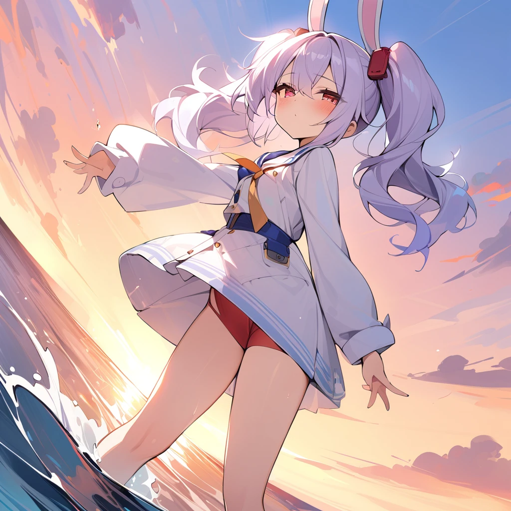 (masterpiece, best quality:1.4),1girl, laffey /(Azur Lane/), standing, sea, sunset, dynamic angle, cowboy shot,