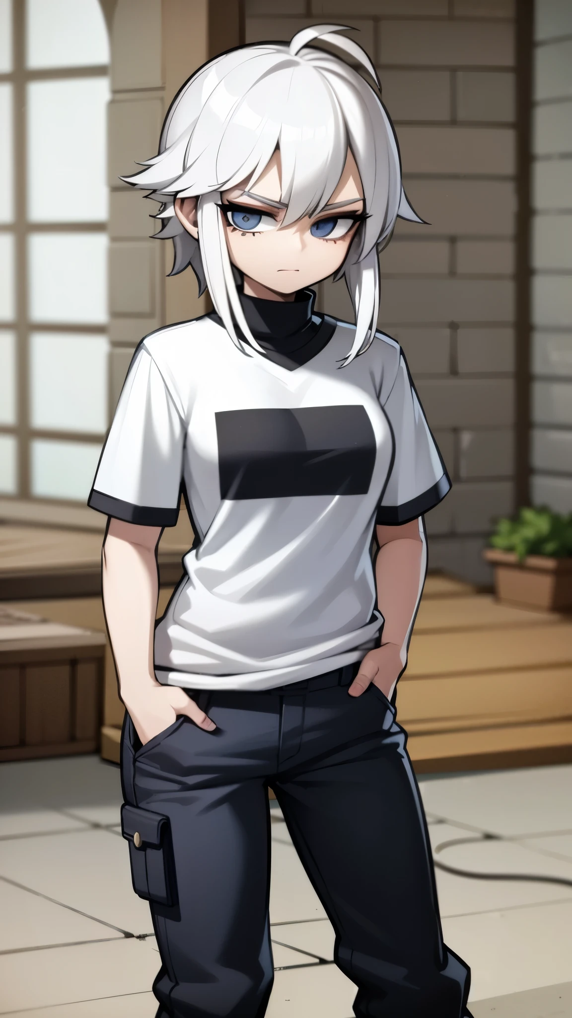 Fullbory, woman with medium-length white hair, serious bright bluish gray eyes, wearing streetwear, with her hands in her pants pocket.