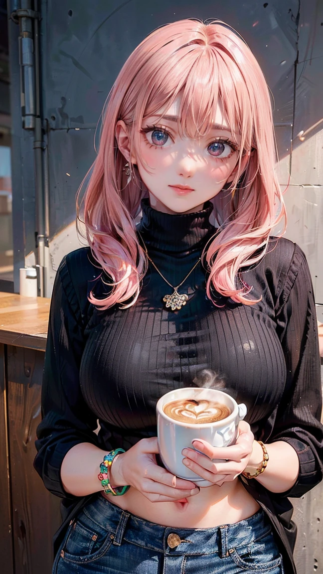 (Masterpiece, BestQuality:1.3), (ultra detailed:1.2), (hyperrealistic:1.3), (RAW photo:1.2), High detail RAW color photo, professional photograph, (Photorealistic:1.4), (realistic:1.4), professional lighting, perfect anatomy, (Big Breasts:1.2), (blush, detailed face), (cheerful Smile:1.5), Trending Hair&Trending Hairカラーをランダムに, earrings, necklace, bracelet, sexy, erotic sexy, Random sexy gravure poses, (Beautiful woman wearing a black turtleneck and jeans。The background is an urban cafe。A relaxed smile on your face。Her hair is long and straight, with pink hair.。Posing with a coffee cup。:1.3)