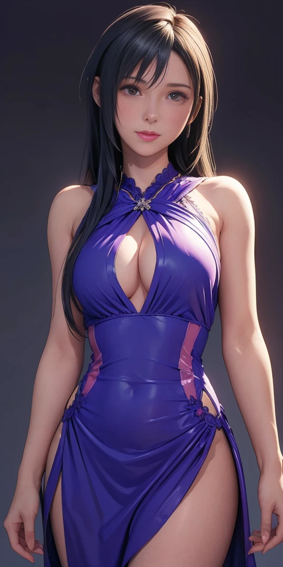 One girl,Tifa Lockhart,Cowboy shot,purple one piece dress ,Simple Background、Gray background、Cinematic lighting、(blush:1.3),