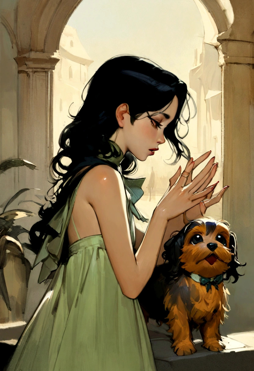 A picture of a Yorkie begging for a treat, Malcolm Liepke paintings, Glossy paint, Beautiful digital painting, Digital Art Painting, Great painting, monochromatic. Malcolm Liepke Oil Painting, Impressionist painting.inspired by Malcolm Liepke Oil Painting, pastel colour,