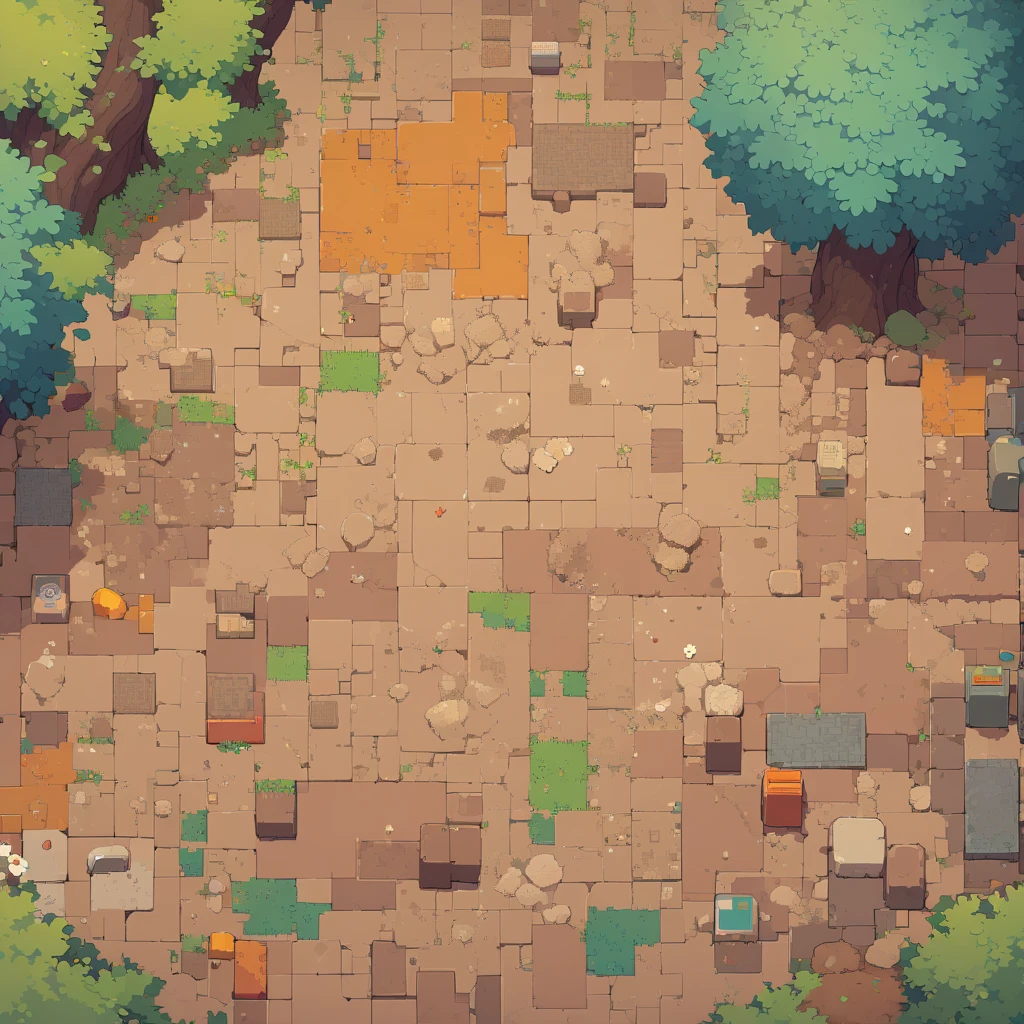 retro video game style,pixelated graphics,vibrant colors,8-bit characters,blocky shapes,sharp lines,detailed shading,classic gaming vibe,nostalgic atmosphere,classic arcade games,masterpiece:1.2,ultra-detailed,illustration style, 2d texture, clay texture, stone texture, 4 k seamless mud texture, video game texture, dirt texture, clay material, flat texture, grass, trees, rock texture, rocky ground, forest, topdown view, game texture, background art, ground very detailed, dirt, floor texture, tileable texture, flowers, bushes, shrubs, intricate ground stone, top down view, 3/4th perspective