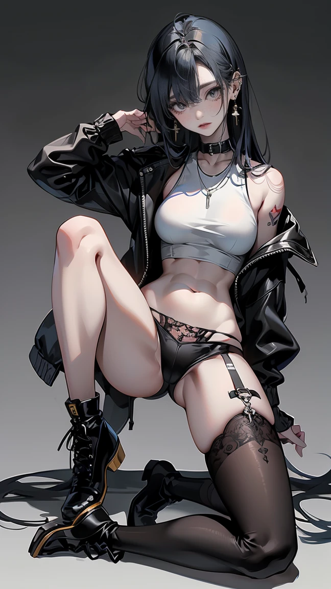 Highest quality、masterpiece、8k、Realistic、超High resolution、Very delicate and beautiful、High resolution、Muscle Girl、Perfect female body、Beautiful woman、Mature Woman、Blue Hair、long hair、Six Pack、One tattoo、Earrings、Toned body、big 、Black military uniform、Tank top、I can see your belly、Luxurious clothing、boots、cigarette、Wild Pose、Full body emphasis、Simple Background