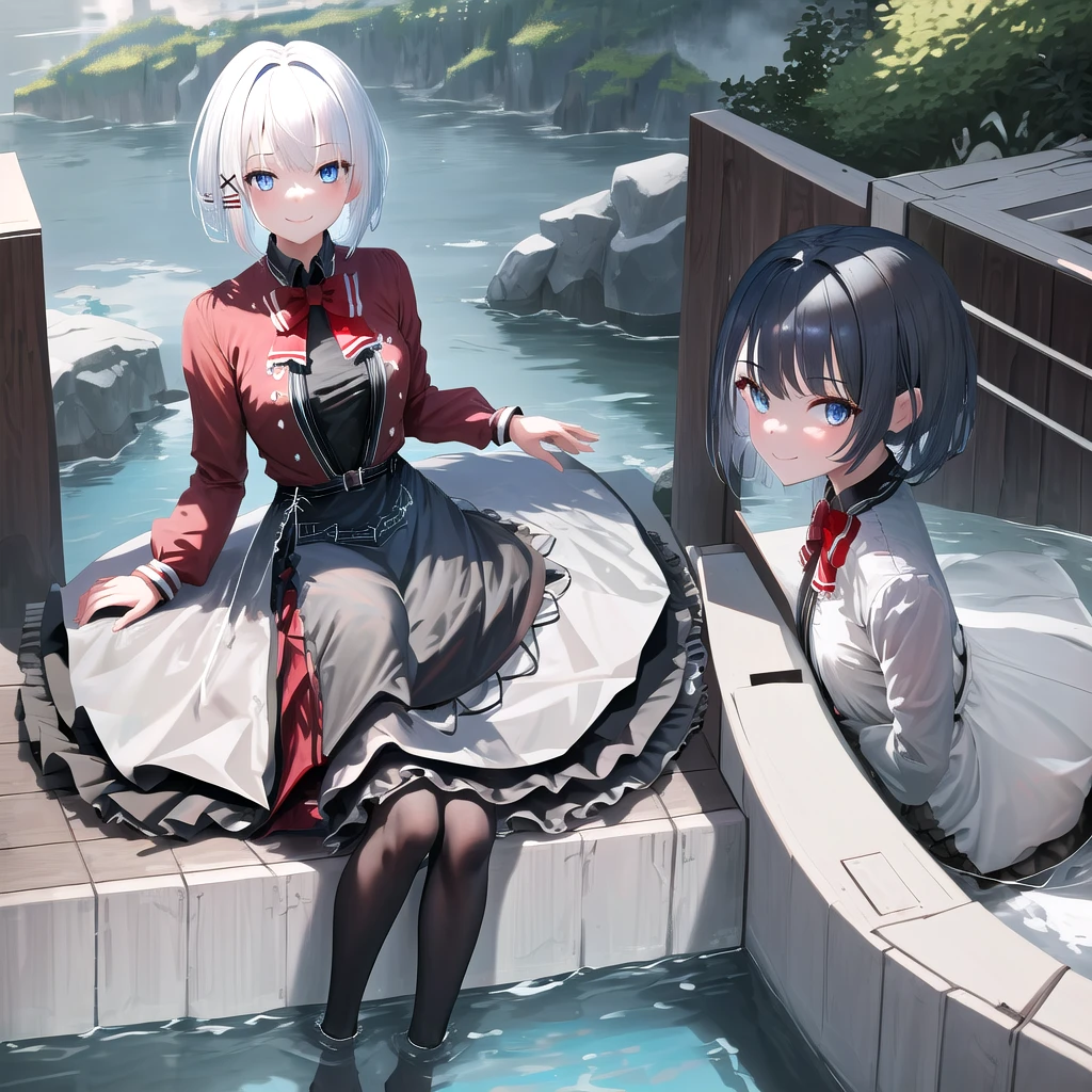 masterpiece, best quality, highres, 1girl white hair blue eyes x hair ornament, red bowtie black shirt grey jacket grey dress black skirt black belt frills black pantyhose sitting, wading, smile, looking at viewer, outdoors