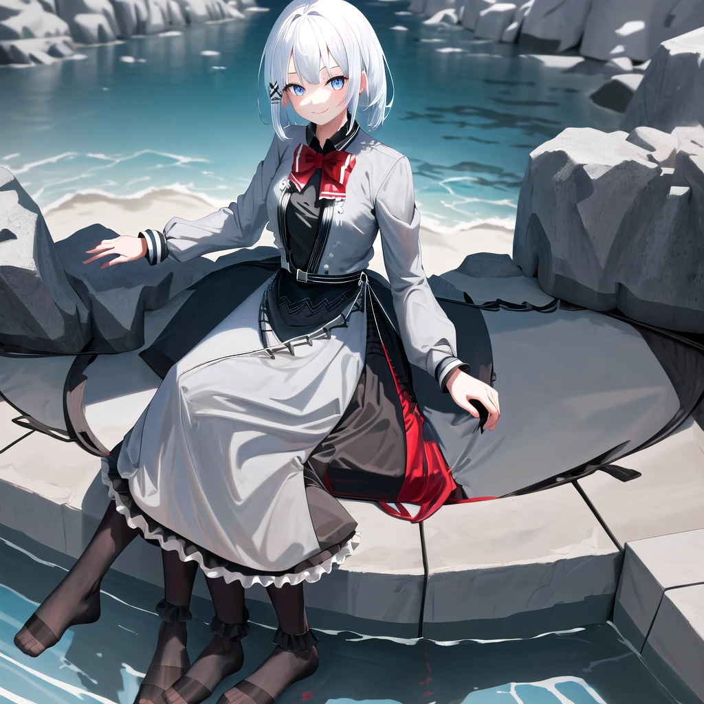 masterpiece, best quality, highres, 1girl white hair blue eyes x hair ornament, red bowtie black shirt grey jacket grey dress black skirt black belt frills black pantyhose sitting, wading, smile, looking at viewer, outdoors