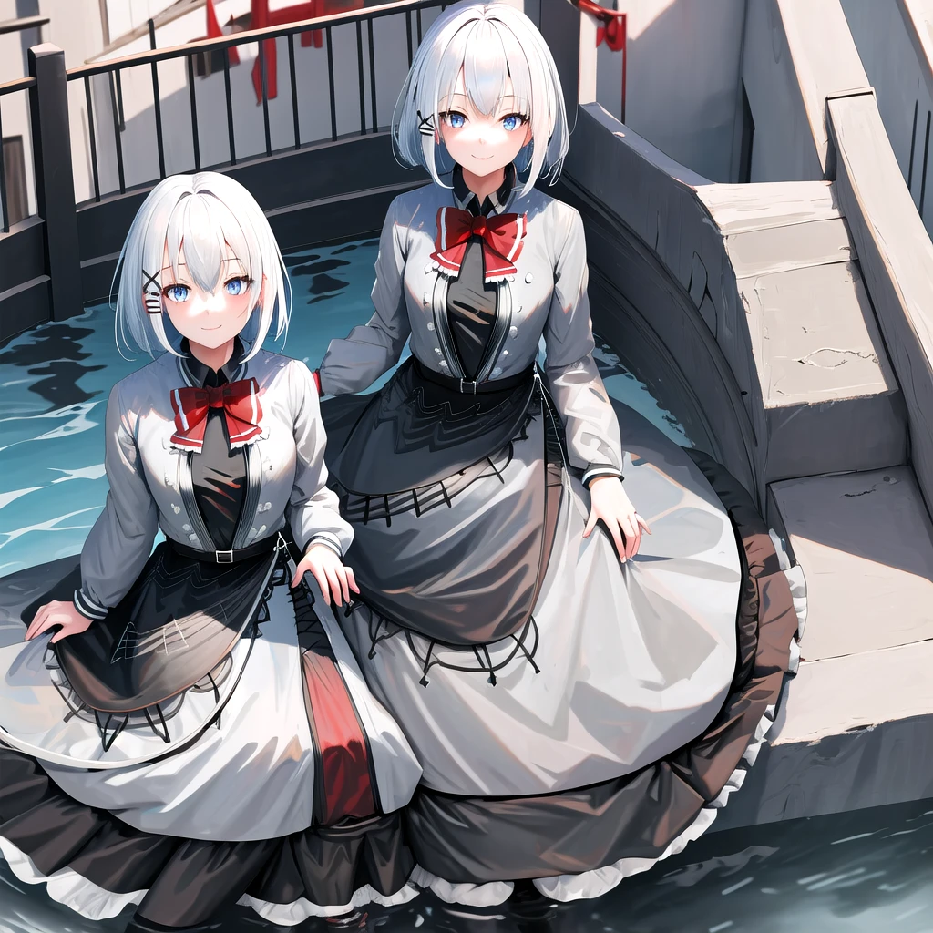 masterpiece, best quality, highres, 1girl white hair blue eyes x hair ornament, red bowtie black shirt grey jacket grey dress black skirt black belt frills black pantyhose sitting, wading, smile, looking at viewer, outdoors