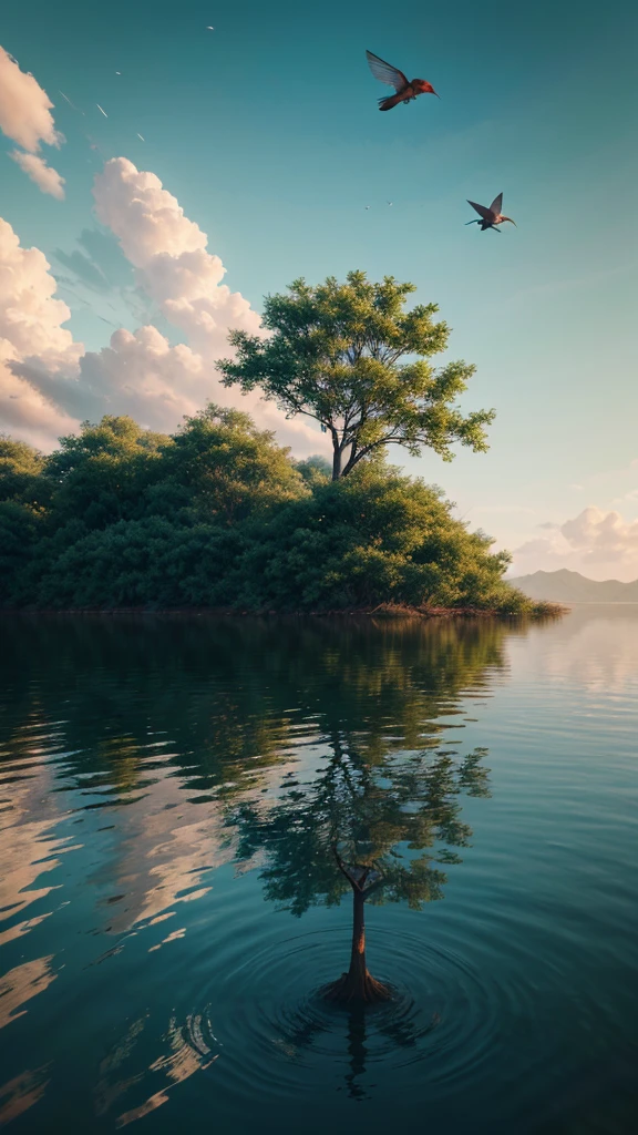 There is a tree standing in the water,A planet in the background, 4k highly detailed digital art, 4K HD Wallpapers Very Detailed, Fine Art UHD 4K, By Mike "Beeple" Winkelmann, avoid buzzer, 8k stunning artwork, 4K Beautiful Digital Art, Hummingbird Art, Fantasy Planet