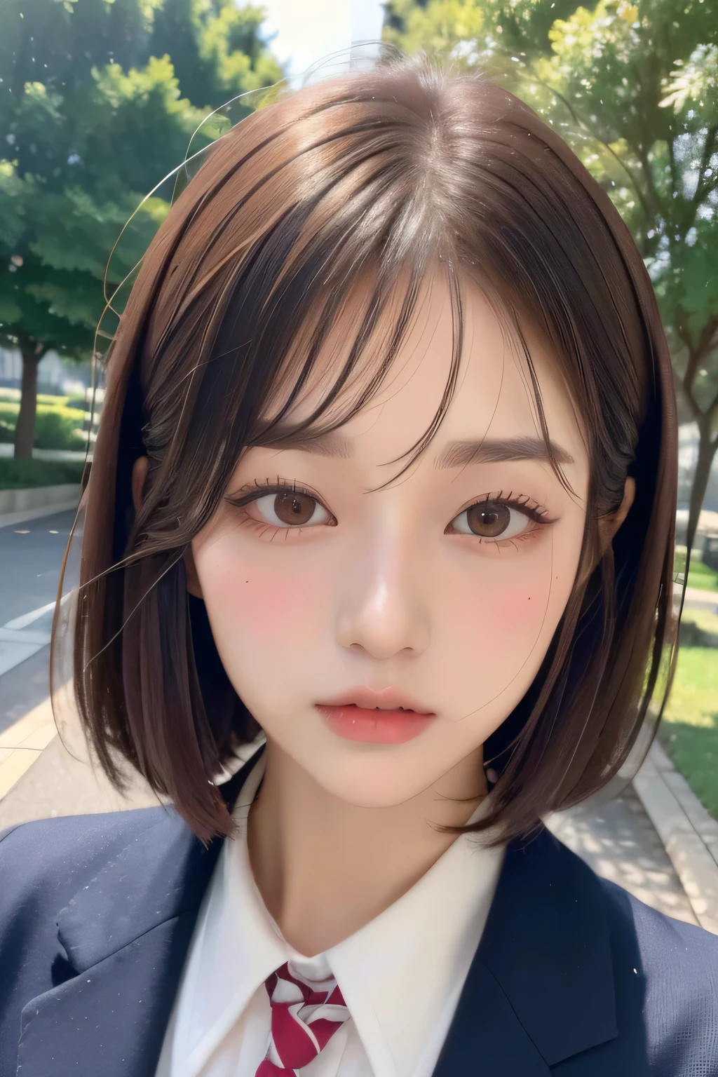 (Highest quality:1.3)、(Masterpiece:1.4)、Raw photo、8k、(Highest Resolution)、(Highest quality)、high resolution、(from the front)、Beautiful face in every detail、Realistic human skin、(Long bob hair:1.3)、(Straight Hair)、(Low hair volume:1.3)、Shirahime cut hairstyle、(Young and pretty Asian face), (Beautiful Asian Girl),((Ulzzang))、(Her eyes are big)、Attractive woman、(Attractive lips)、The corners of the mouth rise、(With bangs))、(No makeup)、Beautiful Hair、(Blushing:1.17)、(Japanese high school girls)、(Schoolgirl uniform)、、(JK Ribbon)、A bow tie、I want to kiss、(I want you to kiss me)、The Temptation of Kissing、garden