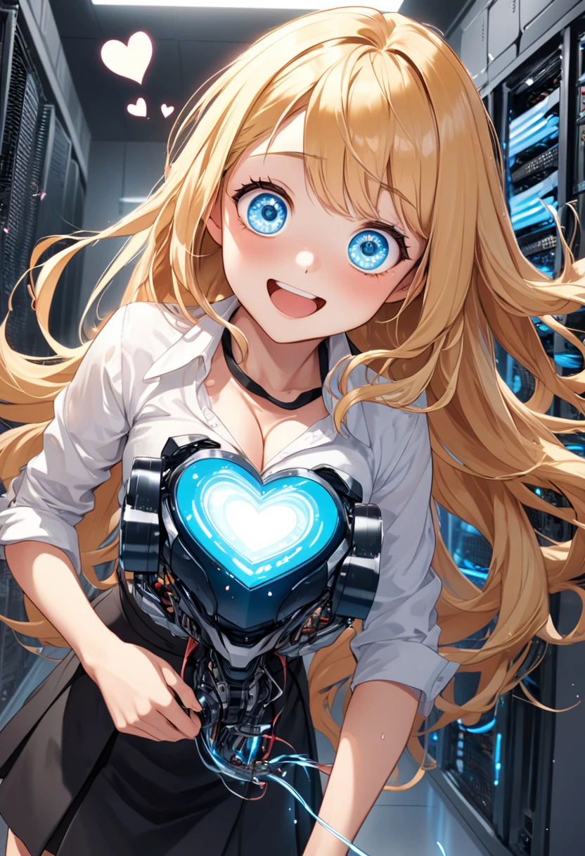 detailed illustration, dynamic angle, ultra-detailed, illustration, 1girl, 18 year old, school girl, wavy long blonde hair, long hair, bright robotic blue eyes, hearts, white shirt, black mini skirt, cleavage, flush, blush, arousal, wide eyes, happy, smiling, seductive, touching chest, open mouth, happy, eager, delighted, flushed, server room, glowing hair, glowing eyes, glowing body, 