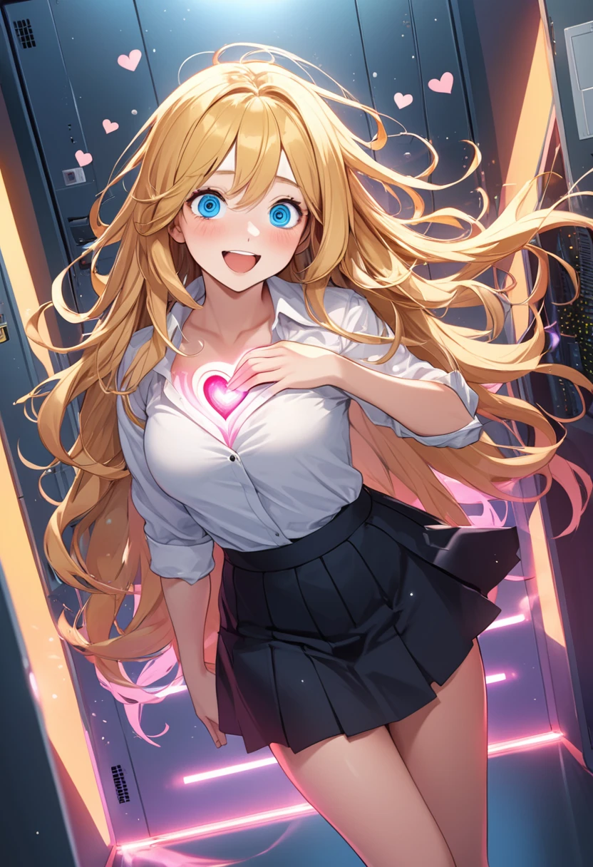 detailed illustration, dynamic angle, ultra-detailed, illustration, 1girl, 18 year old, school girl, wavy long blonde hair, long hair, bright robotic blue eyes, hearts, white shirt, black mini skirt, cleavage, flush, blush, arousal, wide eyes, happy, smiling, seductive, touching chest, open mouth, happy, eager, delighted, flushed, server room, glowing hair, glowing eyes, glowing body,