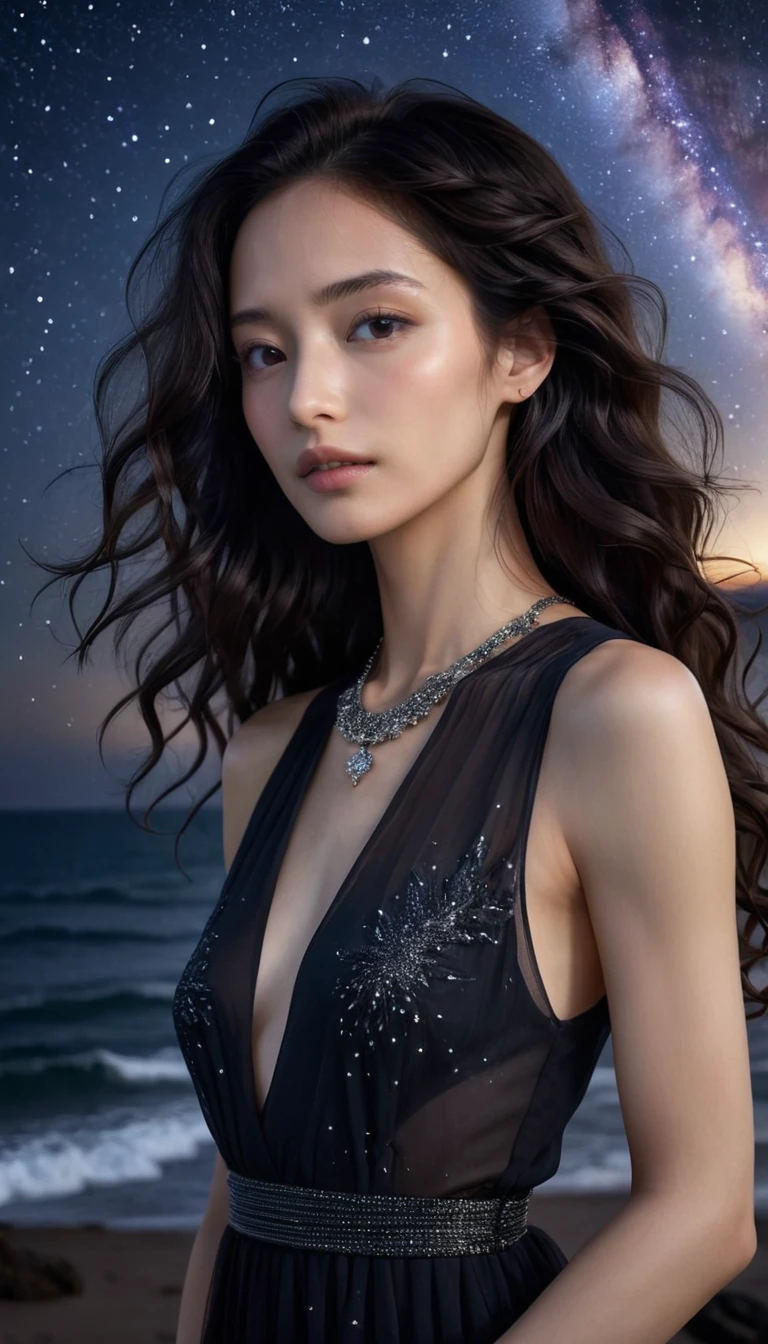 8k, masterpiece, RAW Photos, Highest quality, Realistic, Very detailed, Depth of written boundary, Cinematic Light, Anatomically correct body, (One elegant beautiful mature woman:1.2), Wavy black long hair, Very beautiful face, Exquisitely detailed face, Goddess-like deity々Beautiful, Glamorous Body, Very sensitive skin, Transparent white skin, Sexy ass, Sexy thighs, See-through high slit dress, Detailed cloth texture, Gorgeous necklace, Gorgeous earrings, Dark starry background, Milky Way Galaxy, Meteors, Dark coastline at night, Pitch black sea surface, (Low angle shot:1.2),