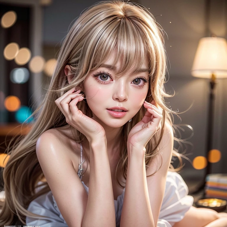 NSFW, 8k, High-level, absurd, masterpiece, best quality, primitive, very detailed CG, very detailed wallpaper, perfect lighting, Extremely detailed (((The personifying " Farrah Fawcett Majors " as a ))), MysticSight, Tyndall effect, Tyndall scattering, (Studio gray background with (Overflowing oodles Dazzling RainbowColorParticles (BokeH))), (RoundlyButts, ThighGap), (Exposed:0.4), (Assfocus with looking ahead), BREAK (NOGIZAKA face variations) Extremely Detailed very KAWAII face variations, perfect anatomy, Childish, captivating gaze, elaborate detailed Eyes with (sparkling highlights:1.28), long eyelashes、Glossy RED Lips with beautiful details, Coquettish tongue, Rosy cheeks, Radiant PearlSkin with clear transparency . { (Dynamic LifeLike expressions:1.4) | :d) }, (large eyes:-1) .