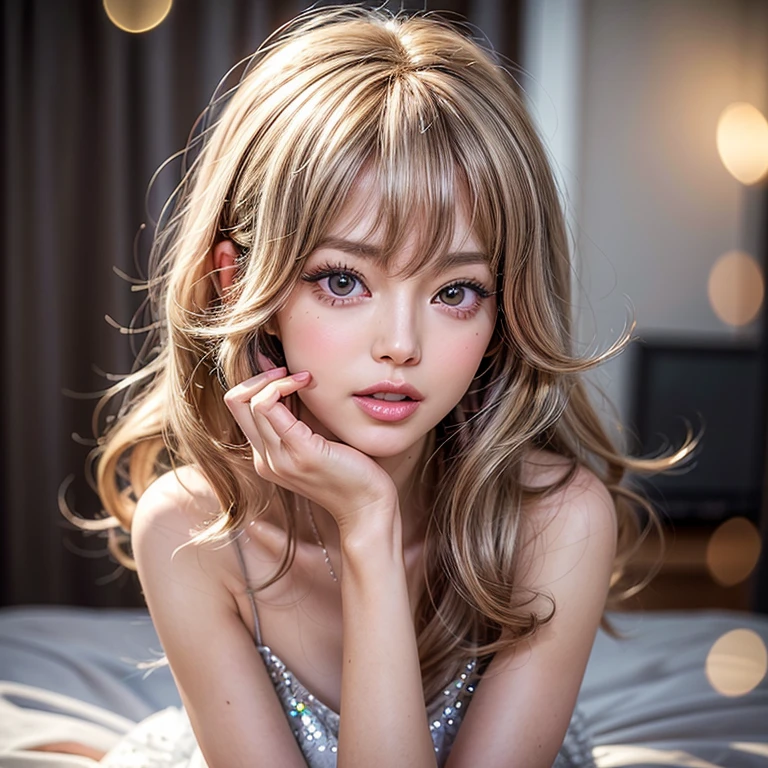 NSFW, 8k, High-level, absurd, masterpiece, best quality, primitive, very detailed CG, very detailed wallpaper, perfect lighting, Extremely detailed (((The personifying " Farrah Fawcett Majors " as a ))), MysticSight, Tyndall effect, Tyndall scattering, (Studio gray background with (Overflowing oodles Dazzling RainbowColorParticles (BokeH))), (RoundlyButts, ThighGap), (Exposed:0.4), (Assfocus with looking ahead), BREAK (NOGIZAKA face variations) Extremely Detailed very KAWAII face variations, perfect anatomy, Childish, captivating gaze, elaborate detailed Eyes with (sparkling highlights:1.28), long eyelashes、Glossy RED Lips with beautiful details, Coquettish tongue, Rosy cheeks, Radiant PearlSkin with clear transparency . { (Dynamic LifeLike expressions:1.4) | :d) }, (large eyes:-1) .