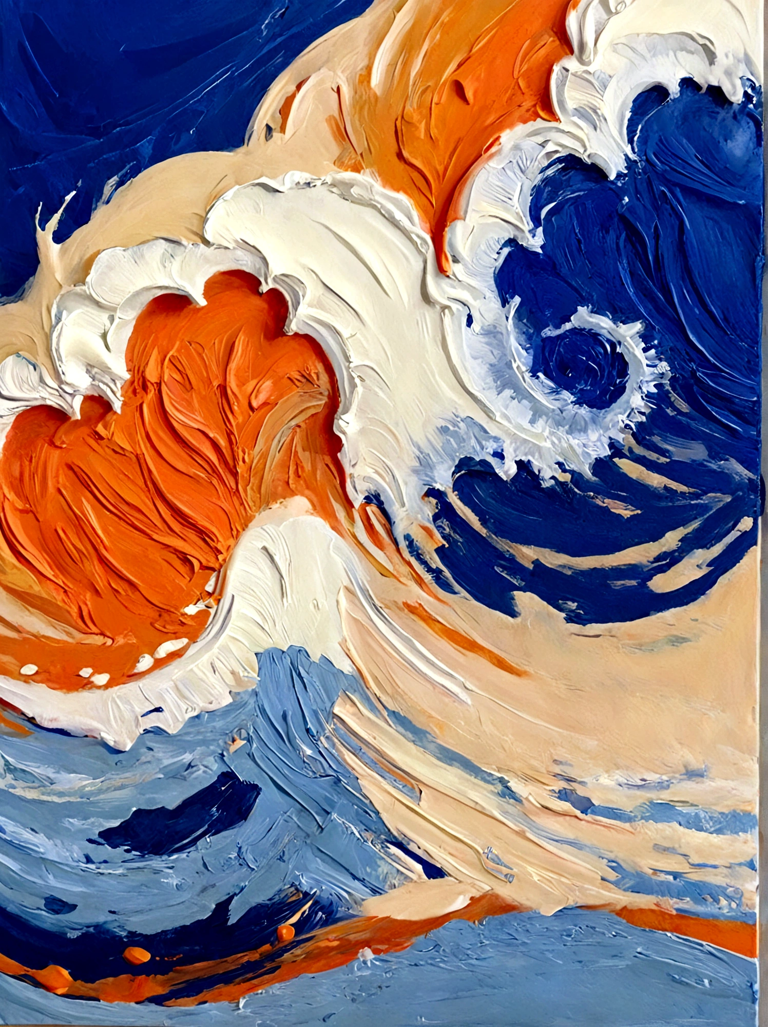 Big Wave，Huge waves，Sea waves，real，bright，orange color，Blue Background，vanilla，cream，whiskey，emotion，emotion，Thick textured paint, 