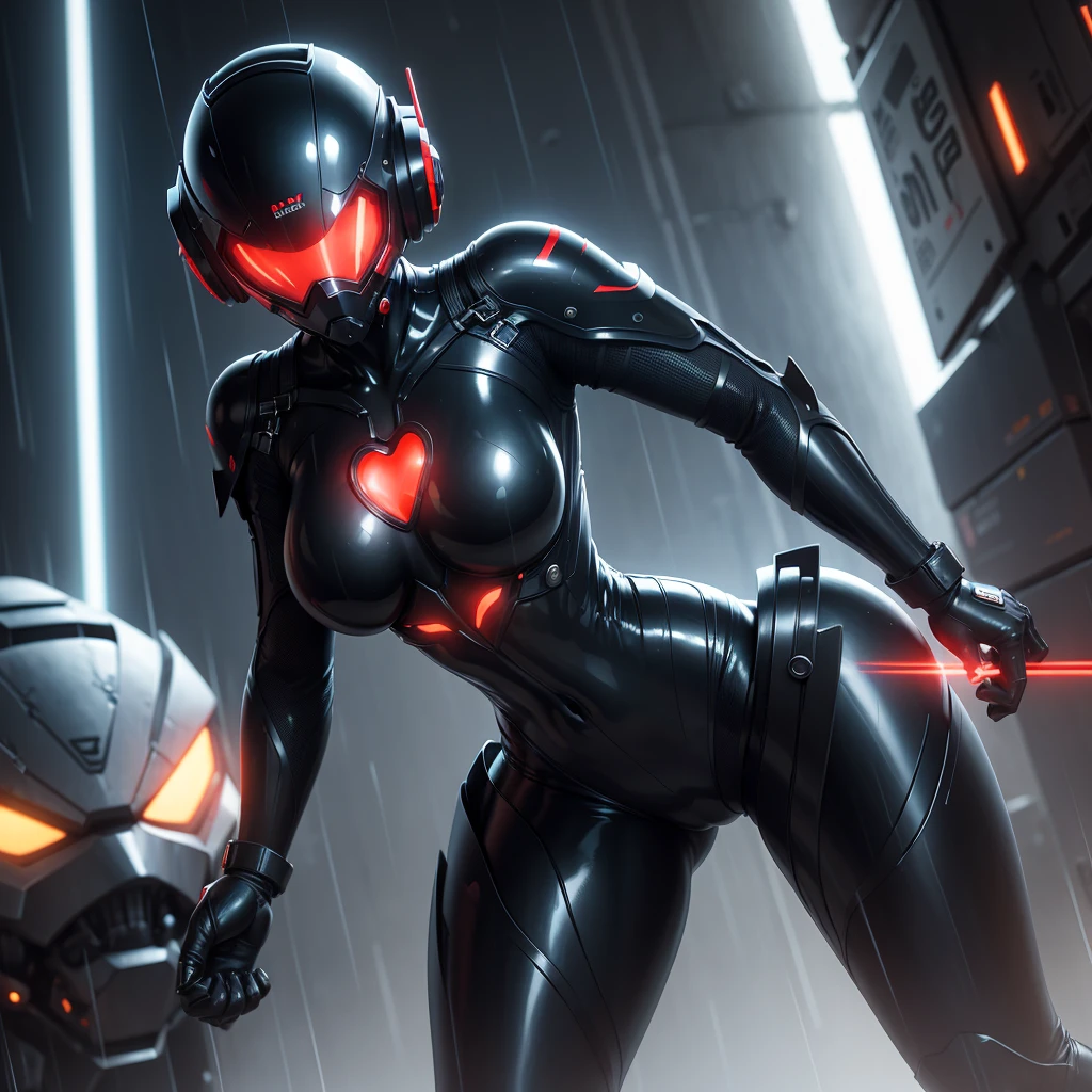 (masterpiece), (best quality), (high res) Solo, (perfect anatomy) Dronificated unknown woman, (fully enclosed black latex fullbody suit), (red lights across the suit), (heart shaped glowing core in the chest), (fully enclosed cyber helmet) that cover her whole face and hides her identity with only two glowing red lines in it's otherwise, empty black face, huge breast, narrow waist, wide hips and thick thighs, (fighting) in a futuristic city, (gun shots), (rain), (night) no face, no hair, no mouth, no eyes