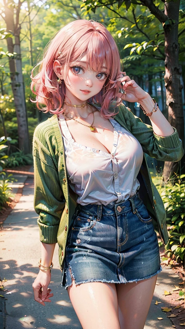 (Masterpiece, BestQuality:1.3), (ultra detailed:1.2), (hyperrealistic:1.3), (RAW photo:1.2), High detail RAW color photo, professional photograph, (Photorealistic:1.4), (realistic:1.4), professional lighting, perfect anatomy, (Big Breasts:1.2), (blush, detailed face), (cheerful Smile:1.5), Trending Hair&Trending Hairカラーをランダムに, earrings, necklace, bracelet, sexy, erotic sexy, Random sexy gravure poses, (Beautiful woman wearing a green cardigan and denim skirt。In the background is a path through the forest。A natural smile。Her hair is short and permed, with pink hair.。The pose is walking。:1.3)