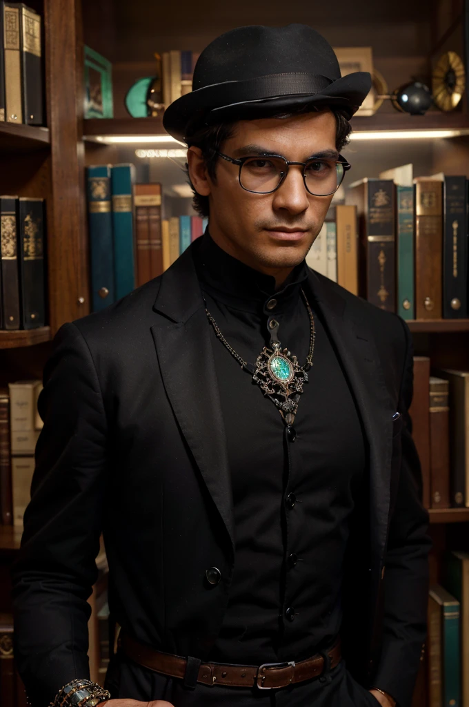 young man, 40 years old, of Brazilian ethnicity, white, dark hair, slightly light skin (mixture of European and Brazilian), wearing Indiana Jones style clothing (with a mix of Ninja, Neon and James Bond), elegant clothing, black coat, panama hat black, detailed face, serious look with a slight smile (demonstrating responsibility and strength), athletic body, high-tech laser pistol in the right hand and electric whip in the other, wearing black-framed glasses with transparent lenses, in a library decorated with all universe books (bright and modern atmosphere, with Victorian refinement mixed with high technology, Neon, detailed and intricate), the young man is the keeper of the library's knowledge, 16k ultra realistic