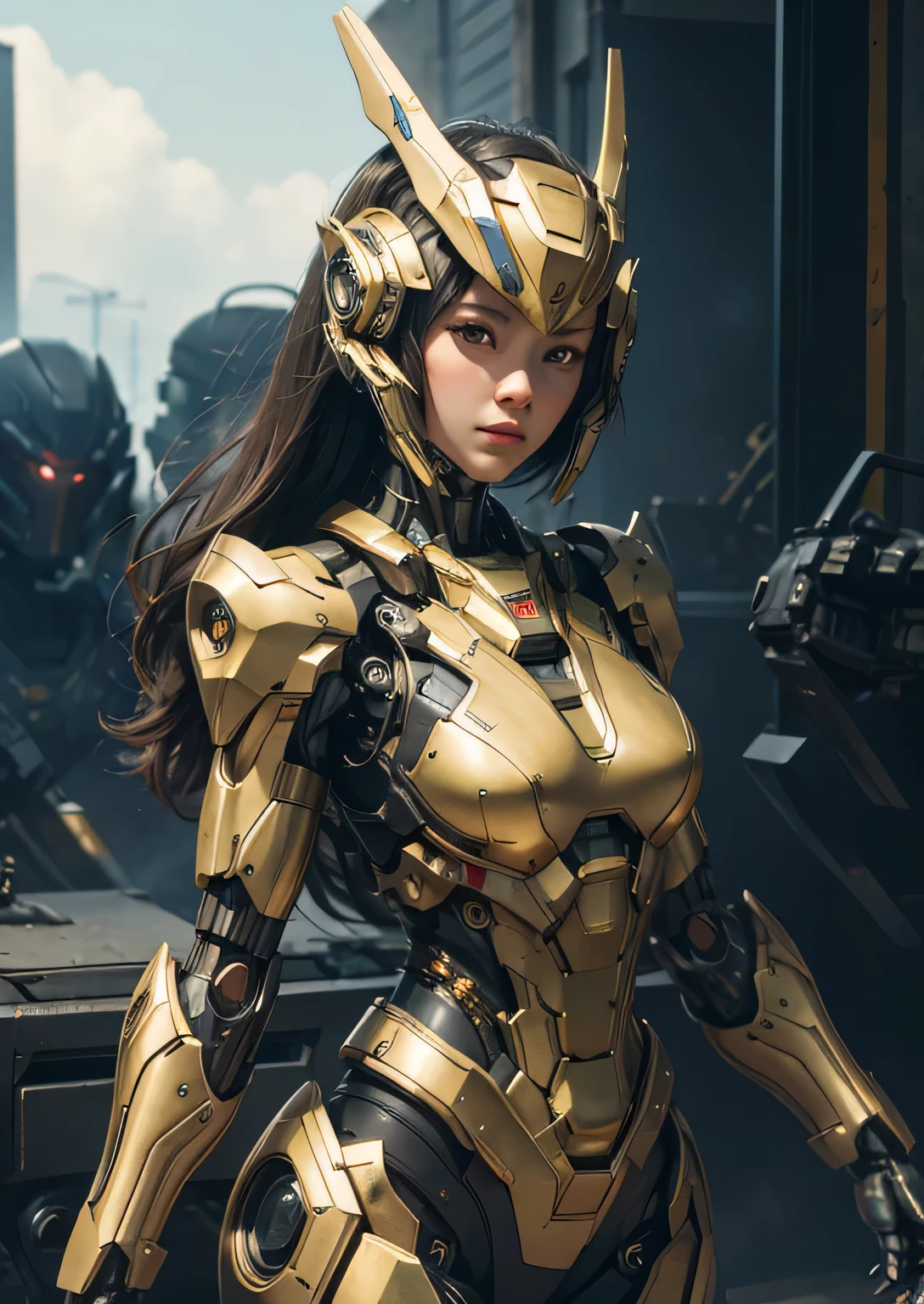 Textured skin, Super Detail, high details, High quality, Best Quality, hight resolution, 1080p, hard disk, Beautiful,(War Machine),(head gear),(full bodyesbian),beautiful cyborg woman,Mecha Cyborg Girl,Battle Mode,Girl with a Mecha Body,She wears a futuristic war machine weapon mech, gold colour,Fulll body Shot,look at the viewer