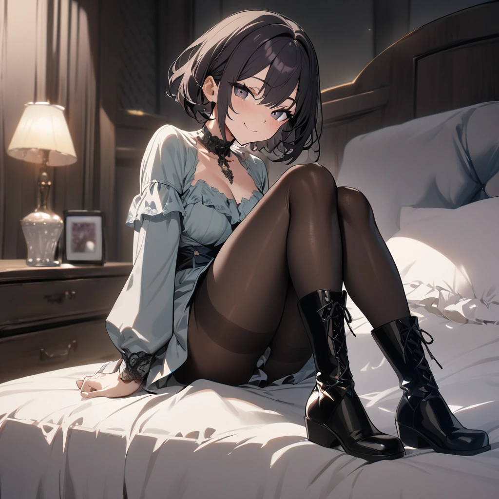 1boy, dark hair, short hair, pantyhose, dress, smile, boots, looking at viewer, sitting, bed, masterpiece, best quality, highres, nice hands, perfect hands