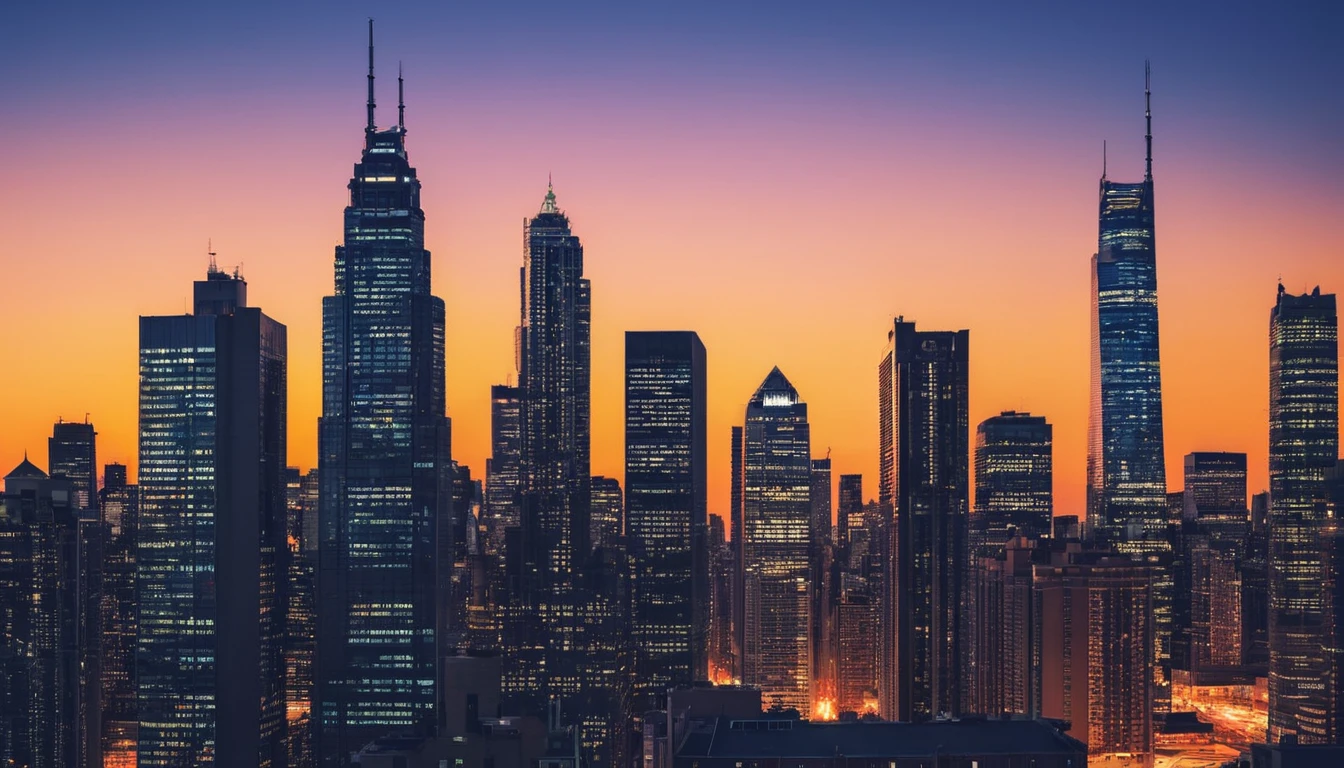Elevate your urban-themed designs with our gradient cityscape image. Against a backdrop of skyscrapers and city lights, this 16:9 aspect ratio composition features a striking blend of urban colors, from the fiery glow of sunset to the cool blues of twilight. Whether used in presentations, city guides, or social media banners, its dynamic palette captures the vibrancy and energy of the modern metropolis.