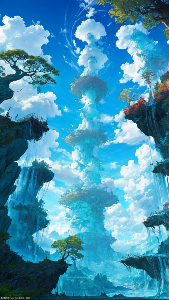 conceptart,.3 lindos gatos de pie, no man, Paisaje, Agua, Cielo, tag, tree, nube, cascada, al aire libre, Arquitectura, Naturaleza, Kali, cielo azul
