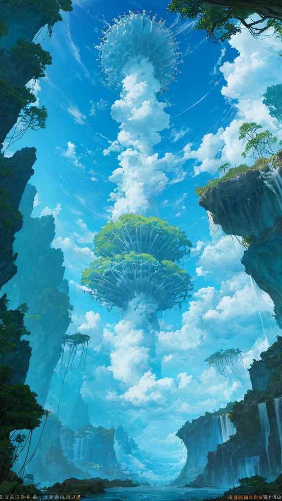 conceptart,.3 lindos gatos de pie, no man, Paisaje, Agua, Cielo, tag, tree, nube, cascada, al aire libre, Arquitectura, Naturaleza, Kali, cielo azul