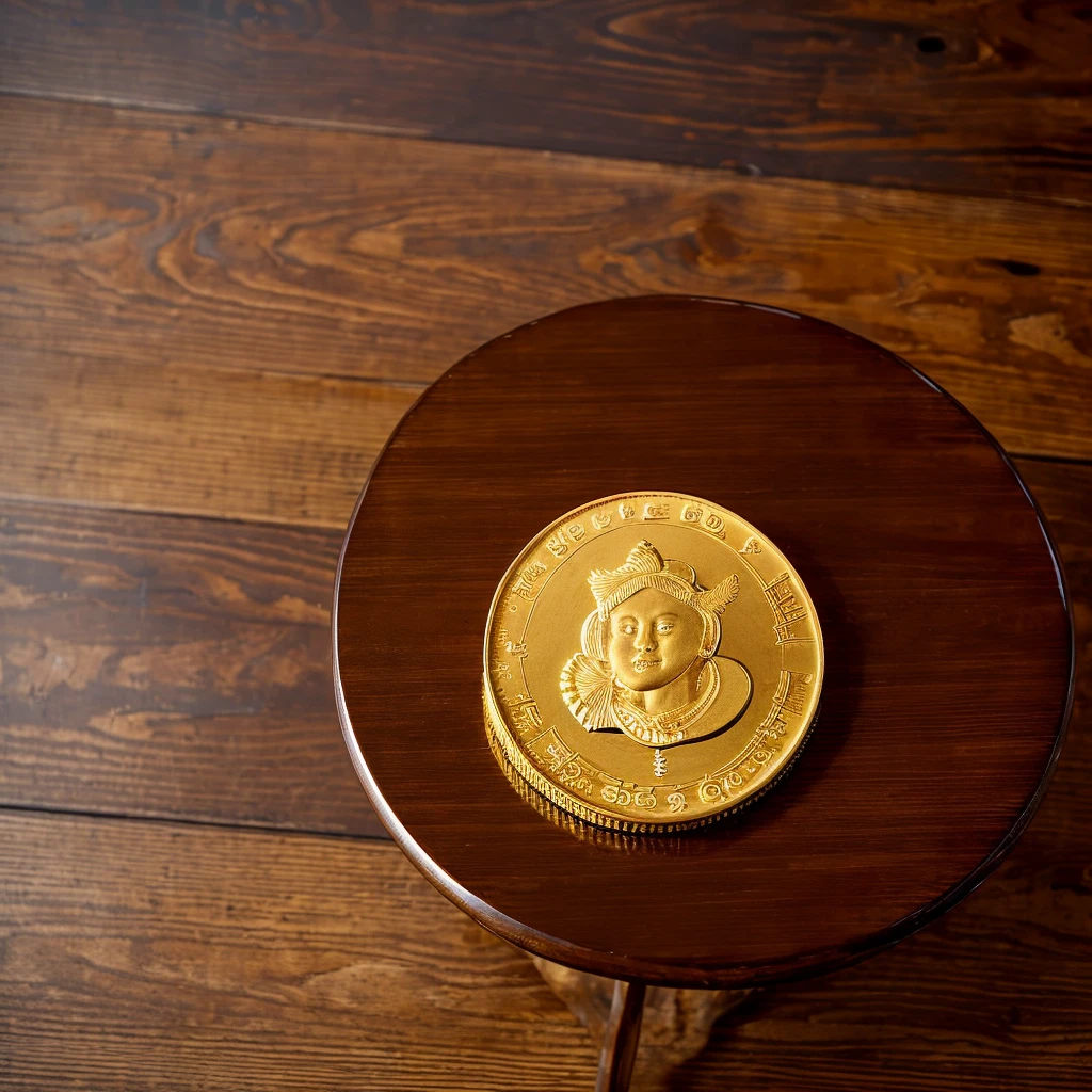 ((1 big gold coin on the table)),The background is a wooden table,from above