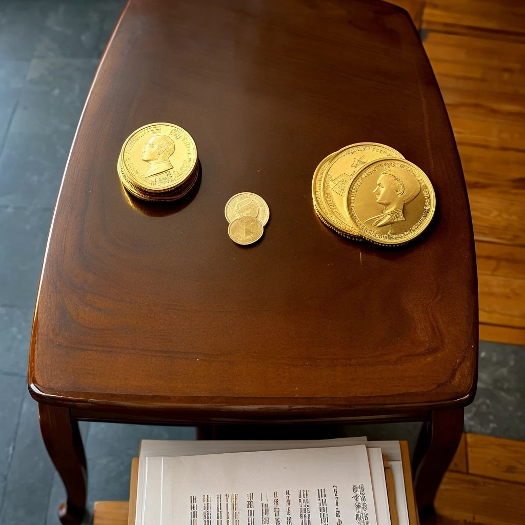 ((1 big gold coin on the table)),The background is a wooden table,from above