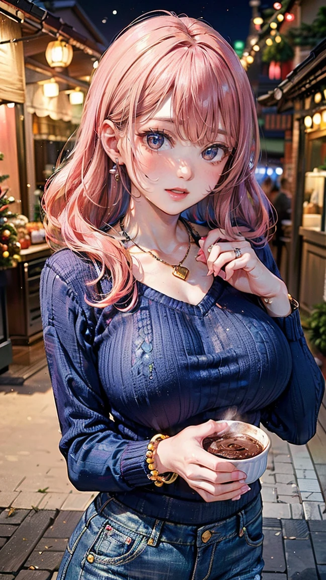 ((Highest quality, 8k, masterpiece :1.3)), (Sharp focus :1.2, Beautiful woman with perfect figure :1.4, Slim Abs), ((Big Breasts, Emphasize cleavage:1.2)), (Photorealistic:1.4), (realistic:1.4), (Pink Hair:1.5), Highly detailed face and skin texture, Fine grain, double eyelid. Makeup face, A little bit of lipstick, sex appeal, Sexy gravure pose, ((A high school girl wearing a white ribbon blouse and a pink pleated skirt。In the background is the cafeteria、She has friends around her。She is smiling and posing sexy while sitting at a cafeteria table。Simple earrings and a necklace are the accessories.。:1.3))