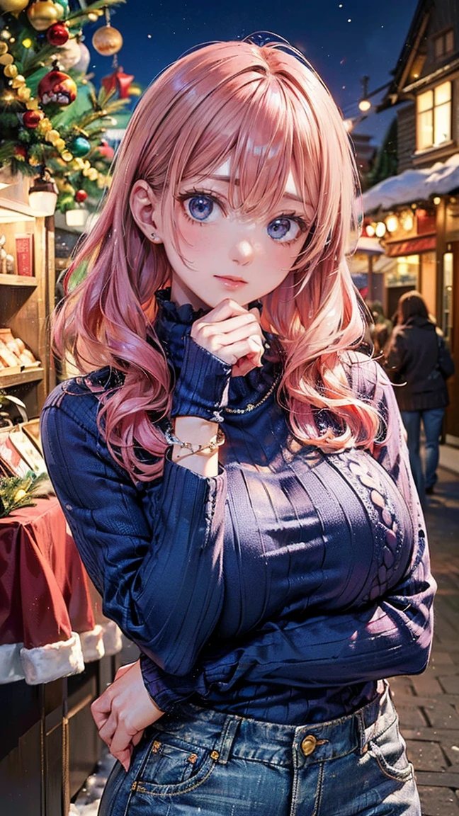 (Masterpiece, BestQuality:1.3), (ultra detailed:1.2), (hyperrealistic:1.3), (RAW photo:1.2), High detail RAW color photo, professional photograph, (Photorealistic:1.4), (realistic:1.4), professional lighting, perfect anatomy, (Big Breasts:1.2), (blush, detailed face), (cheerful Smile:1.5), Trending Hair&Trending Hairカラーをランダムに, earrings, necklace, bracelet, sexy, erotic sexy, Random sexy gravure poses, (Beautiful woman in a blue sweater and jeans。The background is a Christmas market。The expression is a happy smile。Her hair is long and wavy, with pink hair.。Posing with hot chocolate。:1.3)