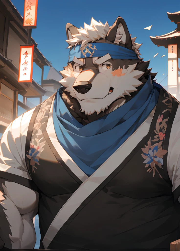 (masterpiece),(Very detailed),(best quality),hairy,Wolf,Dark black fur,white hair,Gray pupil,Muscular,(Japan samurai attire),((blue scarf)),((Brown headband)),(blush:1.1),Handsome expression,City background,8K,(high quality),(Ultra high quality),(Super detailed),(Best Works)
