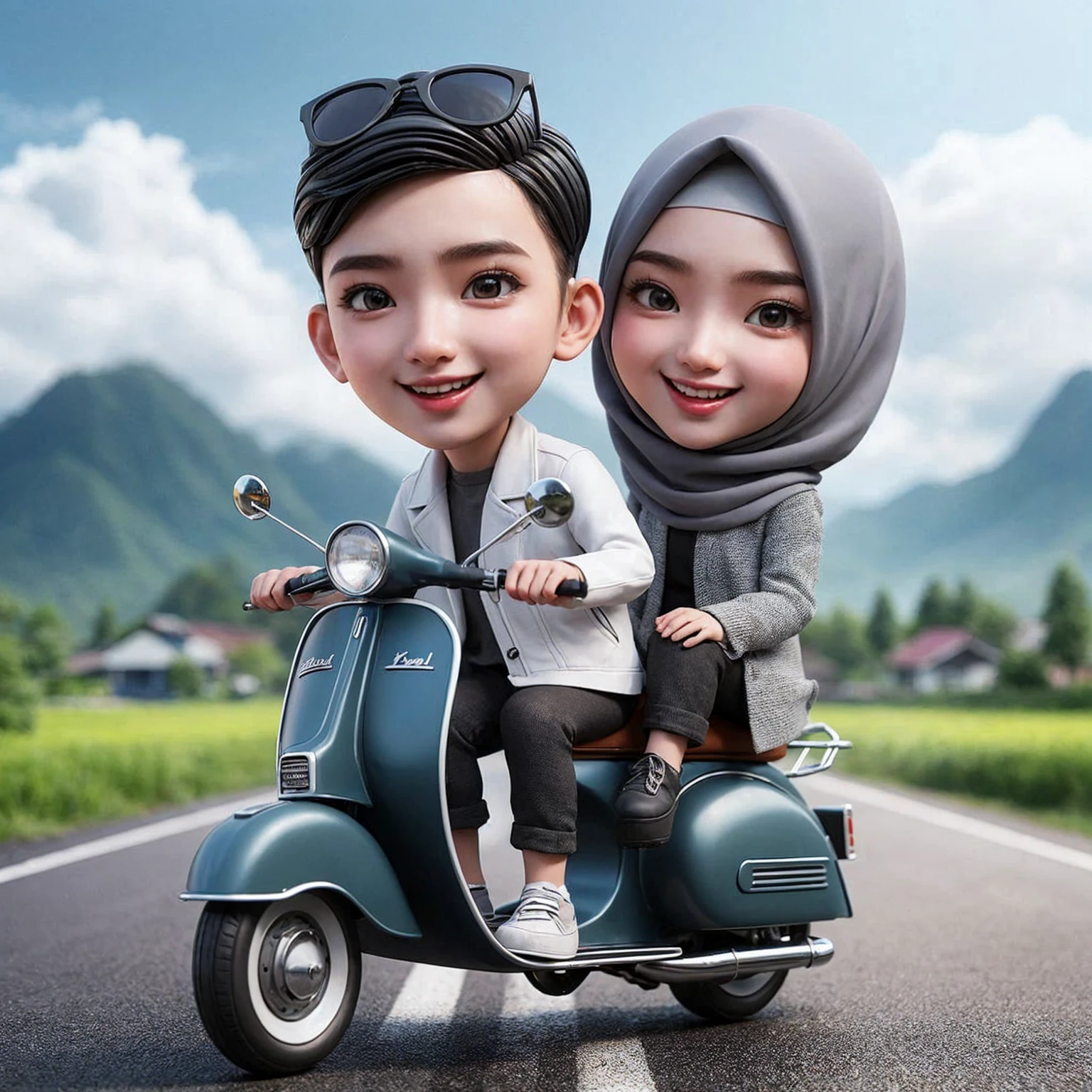 karikatur 3d lelaki indonesia berusia 25 tahun, memakai jaket warna putih, memakai sepatu hitam, wanita berhijab pashmina usia 25 tahun memakai jaket warna grey, mereka berboncengan menaiki satu vespa jenis exel warna biru tua dengan ekspresi bahagia, tampak background pemandangan gunung yang asri, tampak depan, cool, 4k,
