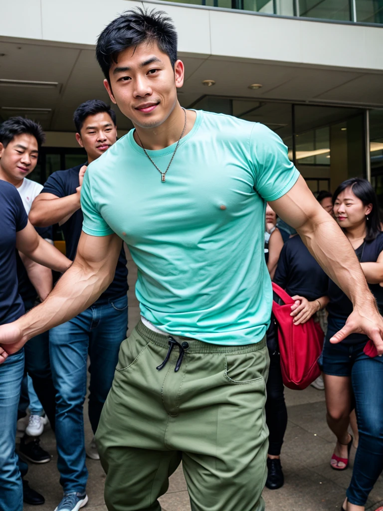 Realistic photography of a asian cute boy, 20 ages , wearing shirt,pants, at random,movement dynamic pose very cool,big pecs