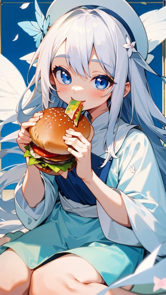 （Highest quality，masterpiece，Surreal），Silver Hair、Long Hair、Beautiful Blue Eyes、smile、Wearing a peasant tunic、Eating a hamburger、Beautiful and delicate girl portrait，Playful and cute，Background Petals fluttering，