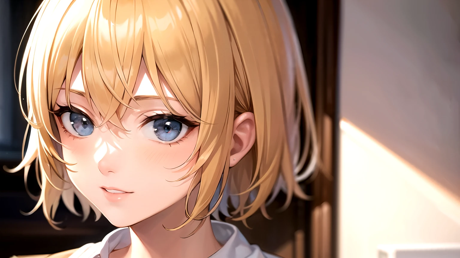 ((best quality)), ((masterpiece)), (detailed), 1 woman, Blonde short hair, face, skirt