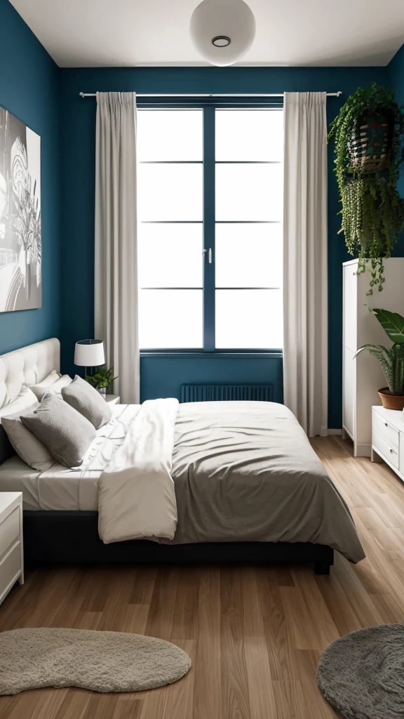 A cartoon modern illustration of a girly room with furniture and decoration for sleeping at dusk in a dark empty home. Nighttime bedroom with bed and lamp on nightstand, large window and plants.