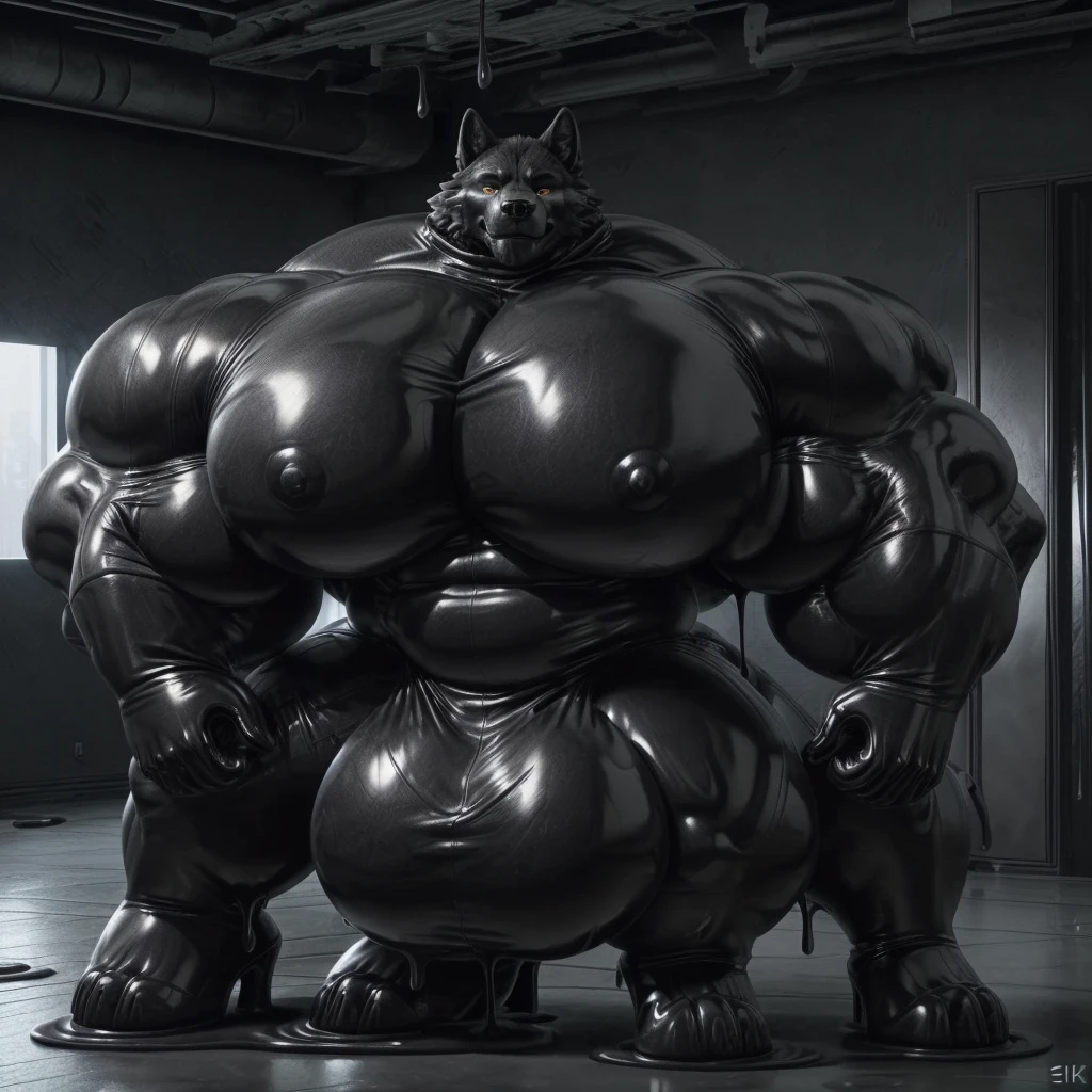 solo, male, , , , (hyper pecs:1.2), (long thick thighs:1.5), standing, indoor,,(,,(,solo,very hyper muscles:1.3)((, Huge bulge:1.3)))(corruption)), black glowing liquid,(((liquid_latex, , rubber:1.2),,black latex,goo transformation,(gooey)()(l),unreal engine,perfect light,detailed, photorealistic, 4k, hd, , , , good anatomy, , (), ,, high quality, best quality, concept art, photorealistic, wolf