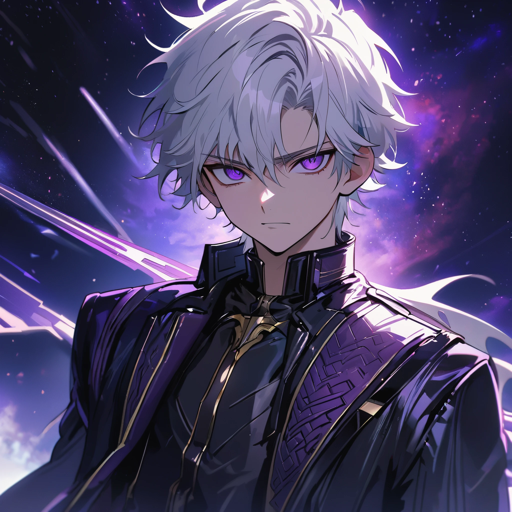 High quality, HD, 4k, handsome male, 1male, , teenager, go lining, short white hair, sharp eyes, dark purple eyes, deep purple eyes, devil may cry, close up, calm expression, stoic expression, black leather clothes, lean body, upper body, looking at viewer, cowboy shot, white solar, space background